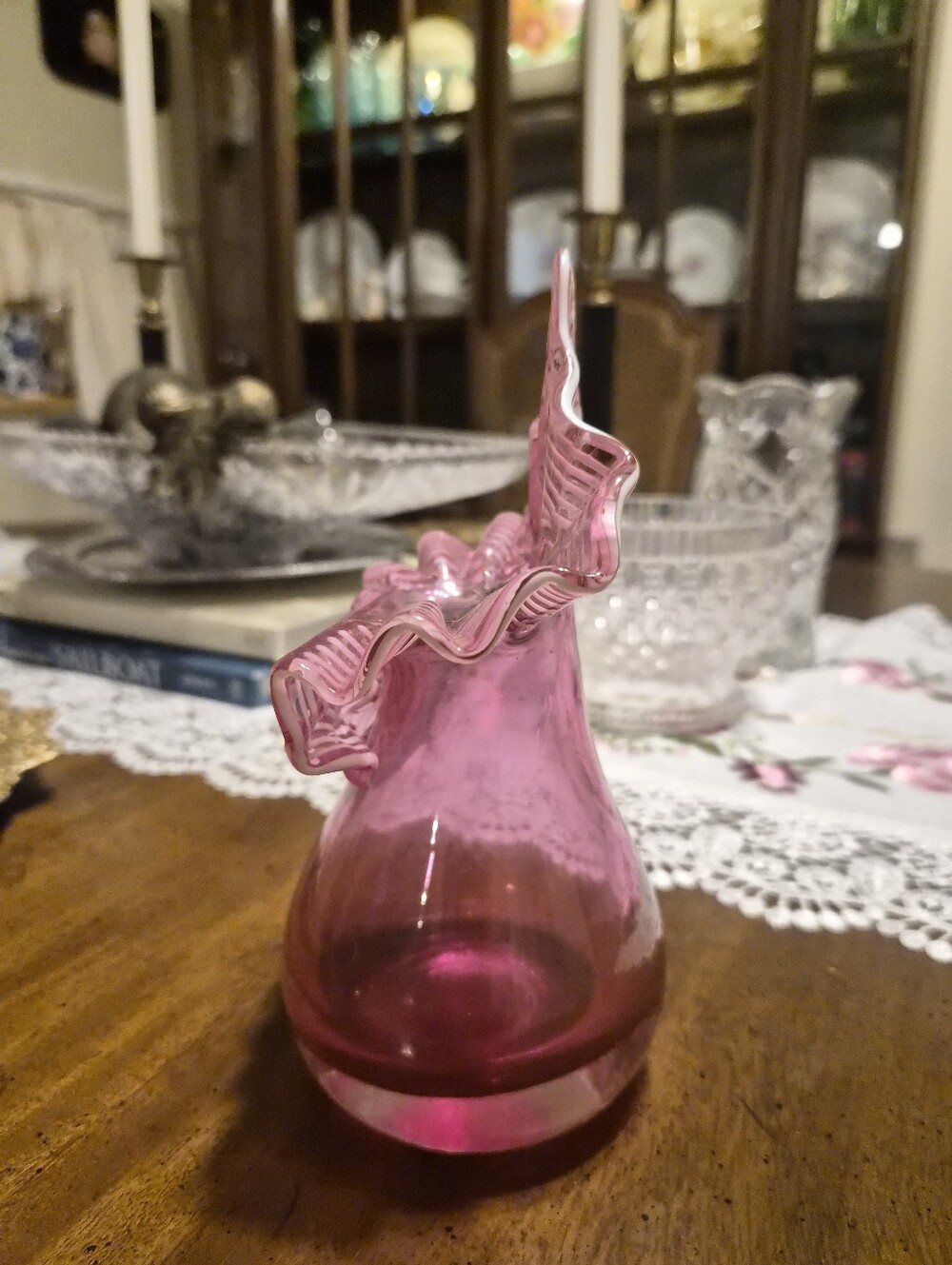 Fenton Tulip Cranberry Glass Swirl Jack In The Pulpit Vase - Picture 2 of 7